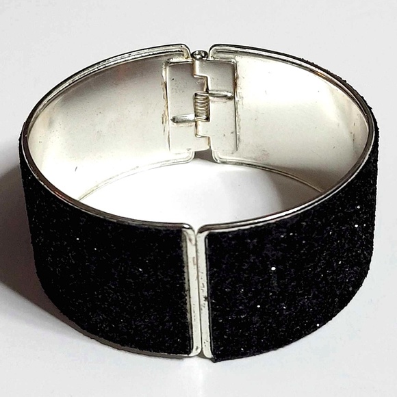 Silver Plated Jet Black Sparkle Spring Open Cuff Bracelet - Picture 3 of 10